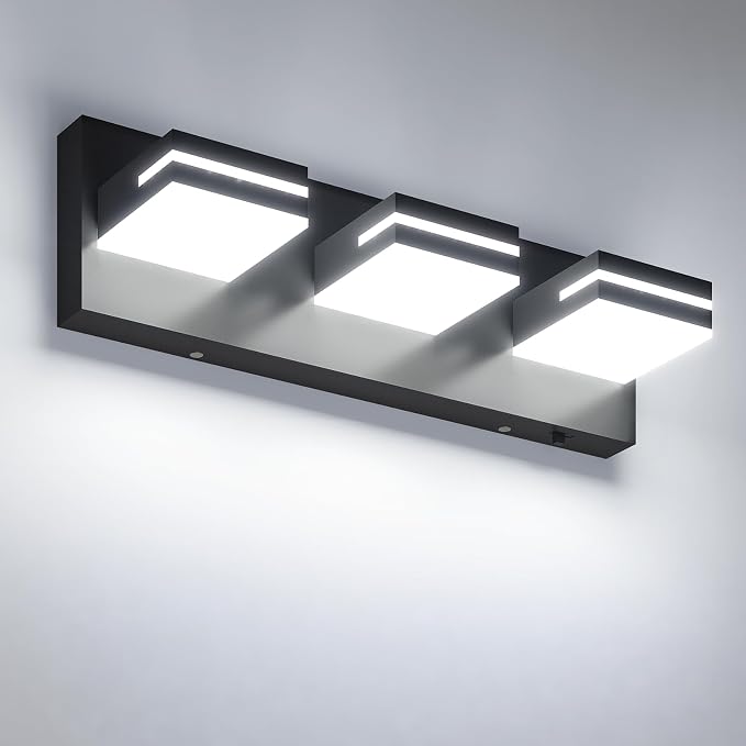 VOLISUN 16.15in Bathroom Vanity Light Fixtures 3-Light, Dimmable 6000K, Matte Black LED Bathroom Lighting Fixtures Over Mirror, 360°Rotatable Head, LED Vanity Lights for Bathroom