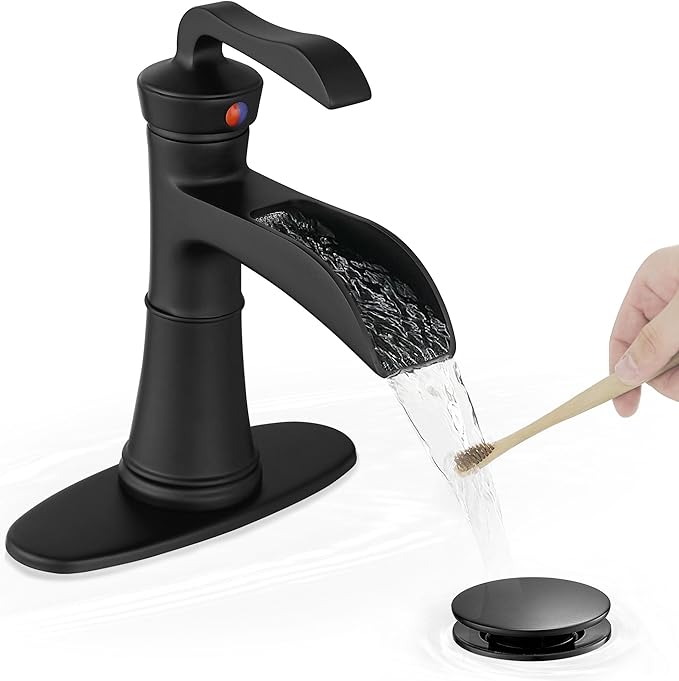 Brass Waterfall Bathroom Faucet Black, Single Handle Bathroom Sink Faucet 1 Hole, 4 Inch Bathroom Faucets 3 Hole with Deck Plate, Pop-up Drain and Supply Hoses