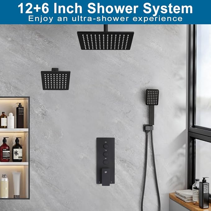 Matte Black Shower Faucet Set Bathroom Rainfall Shower System, 12 Inch Ceiling Mount Shower Head with 6 Inch Wall Mount Shower Head, Include Shower Valve and Trim Kit