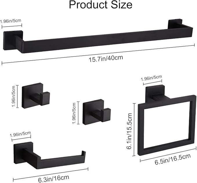 5-Piece Matte Black Bathroom Accessories Towel Bar Set Wall Mounted | 15.7-Inch Towel Racks,Stainless Steel,Bathroom Organizer and Storage,Waterproof Towel Hanger for Rentals,Apparment Essentials