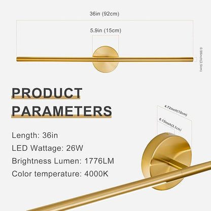 Gold Bathroom Light Fixtures Over Mirror 36 Inch, 26W 360° Rotatable Dimmable 4000K Led Vanity Light Bar, Brushed Gold Bathroom Vanity Lights Above Mirror