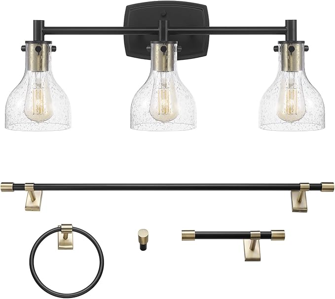 GLOBE Electric 63000062 5-Piece All-in-One Bathroom Set, Matte Black & Brass, 3-Light Vanity Light, Seeded Glass, Towel Bar, Toilet Paper Holder, Towel Ring, Robe Hook, Bathroom Lights Over Mirror