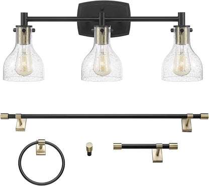 GLOBE Electric 63000062 5-Piece All-in-One Bathroom Set, Matte Black & Brass, 3-Light Vanity Light, Seeded Glass, Towel Bar, Toilet Paper Holder, Towel Ring, Robe Hook, Bathroom Lights Over Mirror