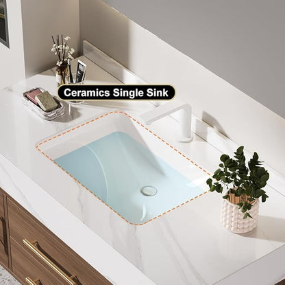 Bathroom Vanity with Sink 39.5" Floating Bathroom Vanity Sintered Stone Modern Bathroom Vanity Set, Walnut (Wall Mounted, Gold Handle)