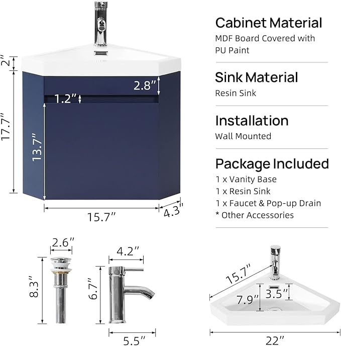 wonline 16" Corner Bathroom Vanity Sink Combo for Small Space Wall Mounted Cabinet Set Design Navy Resin Basin Sink Top Chrome Faucet and Drain