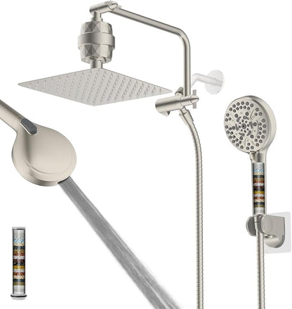 10" Metal Filtered Shower Head with 10-Mode Handheld, Brushed Nickel | NSF/ANSI/CAN 372 Certified, High Pressure Showerhead Combo, 20 Stage Shower Filter, 11" Shower Arm, 71" Hose, Shower Holder