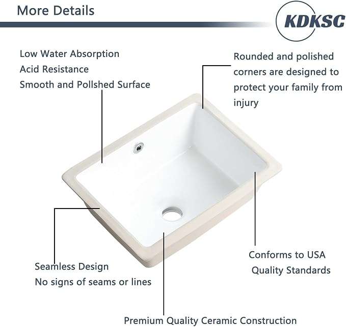 Small Undermount Bathroom Sink 16 Inch White Rectangular Porcelain Ceramic Vanity Basin with Overflow (15.70"x11.69") KDKSC