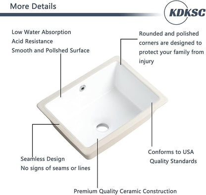 Small Undermount Bathroom Sink 16 Inch White Rectangular Porcelain Ceramic Vanity Basin with Overflow (15.70"x11.69") KDKSC