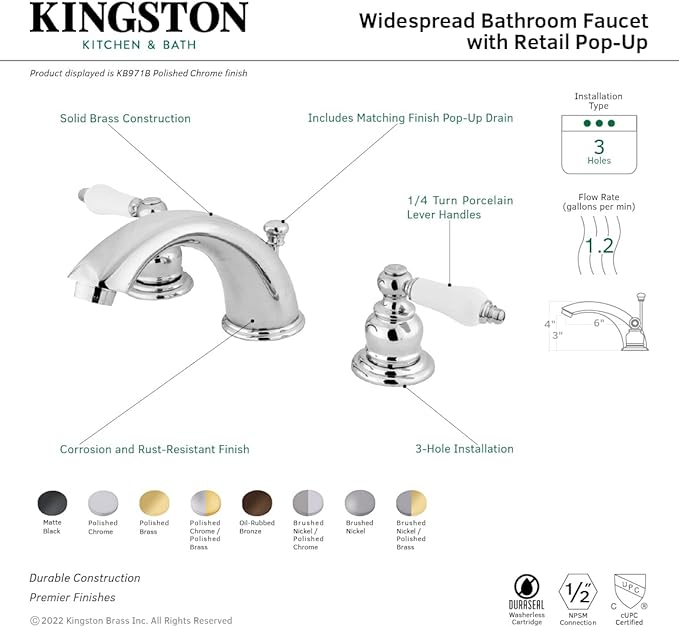 Kingston Brass KB970B Victorian Widespread Bathroom Faucet, Matte Black