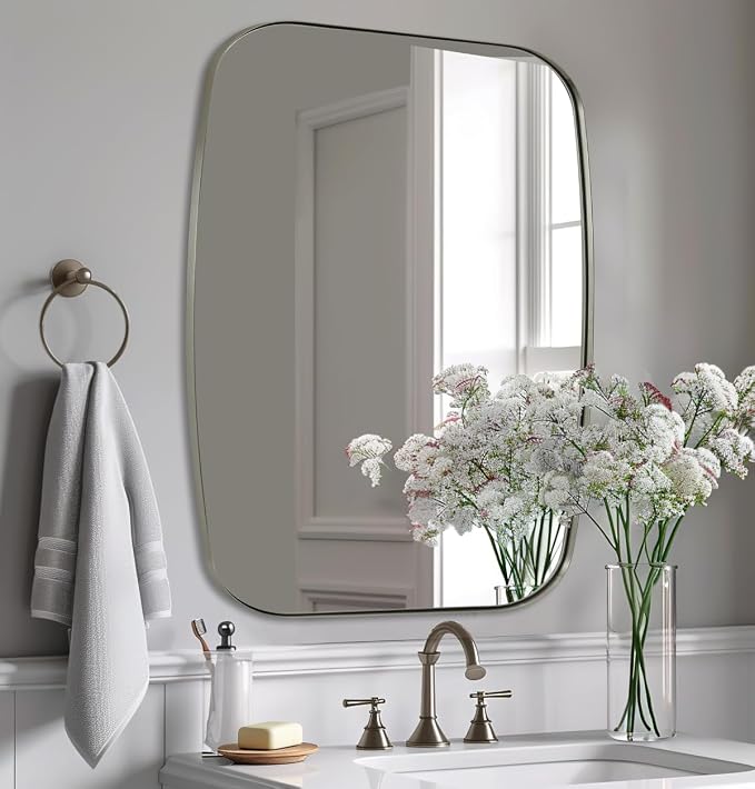 Brushed Nickel Oblong Mirror, 36x40 Inch Brushed Nickel Oval Mirror for Bathroom with Stainless Steel Metal Frame, Wall Mouned for Bathroom, Living Room, Entryway