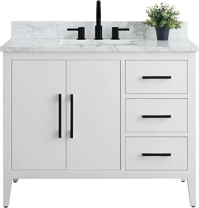 HomeBeyond 42 Inch Bathroom Vanity with Sink & Ceramic Top, Single Vanity Cabinet with Basin, Soft-Closing Doors & Matte Black Hardware, White