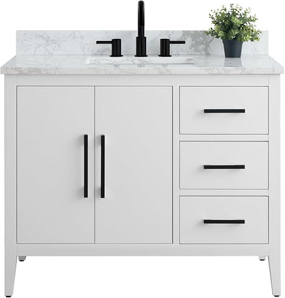 HomeBeyond 42 Inch Bathroom Vanity with Sink & Ceramic Top, Single Vanity Cabinet with Basin, Soft-Closing Doors & Matte Black Hardware, White