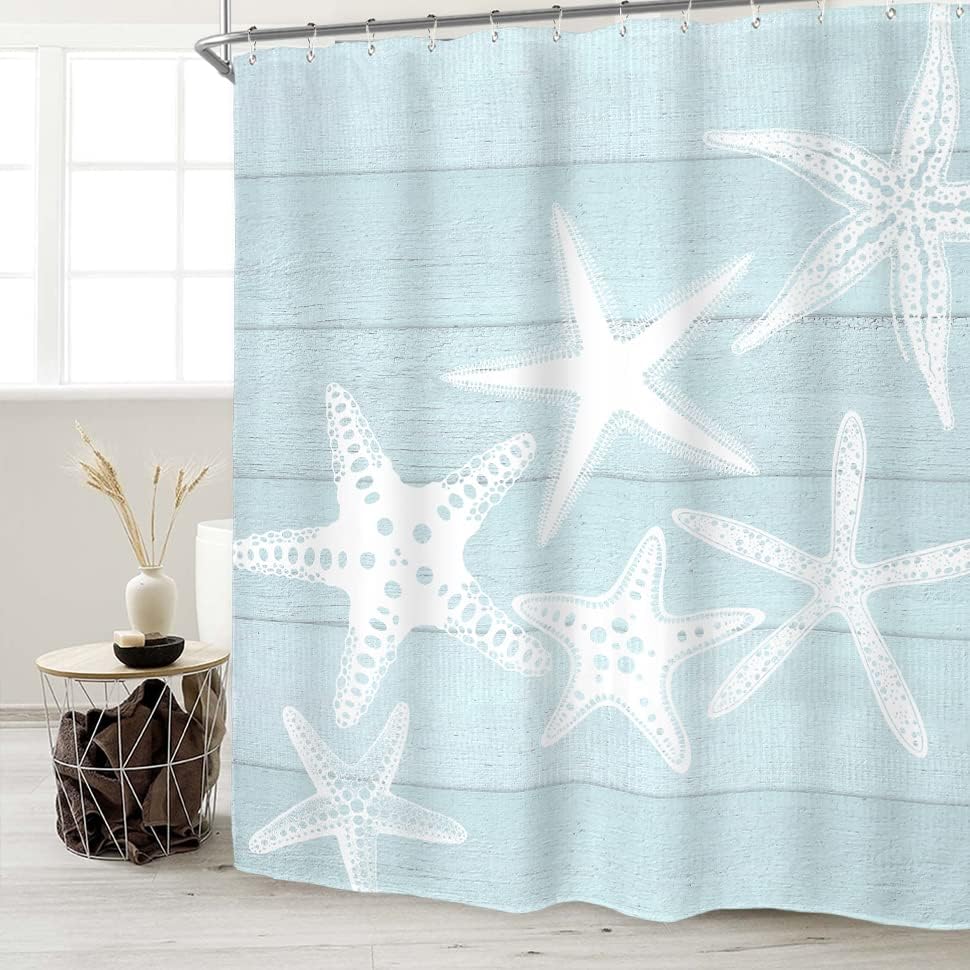 Miyotaa Beach Starfish Shower Curtain Set 60Wx71H Inches Seafoam Wooden Wood Rustic Country Ocean Sea Vintage Farmhouse Pastel Polyester Waterproof Cloth Bathroom Curtain with 12 Hooks