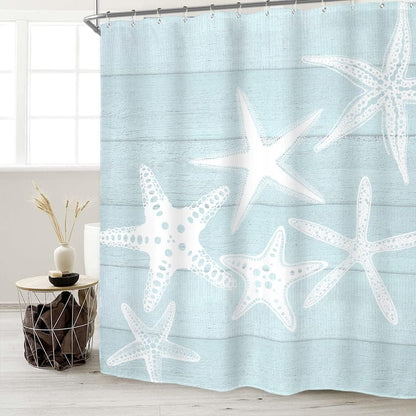 Miyotaa Beach Starfish Shower Curtain Set 60Wx71H Inches Seafoam Wooden Wood Rustic Country Ocean Sea Vintage Farmhouse Pastel Polyester Waterproof Cloth Bathroom Curtain with 12 Hooks