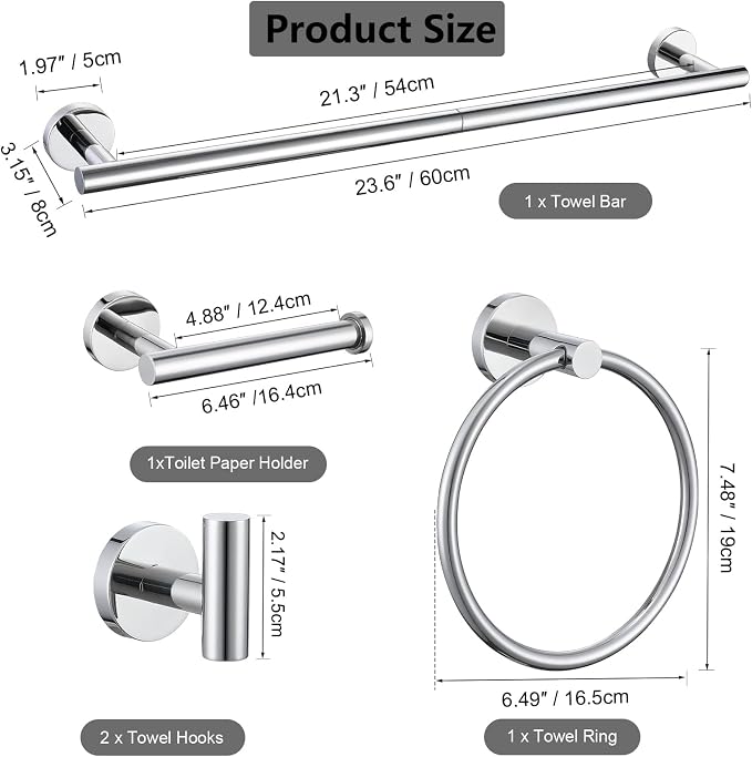 5-Piece Bathroom Hardware Set, Chrome SUS304 Stainless Steel Bathroom Accessories Kit, Includes 24" Towel Bar, Toilet Paper Holder, Towel Ring & 2 Robe Hooks, Wall Mounted, Rustproof Modern Design