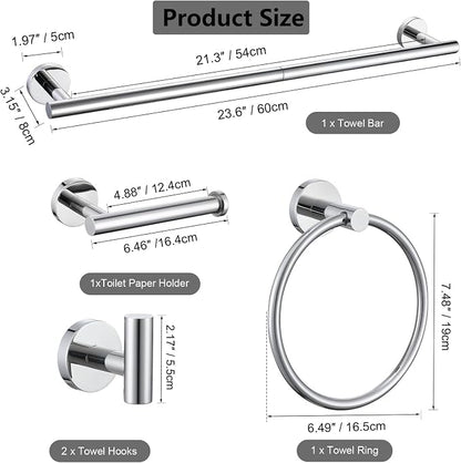 5-Piece Bathroom Hardware Set, Chrome SUS304 Stainless Steel Bathroom Accessories Kit, Includes 24" Towel Bar, Toilet Paper Holder, Towel Ring & 2 Robe Hooks, Wall Mounted, Rustproof Modern Design