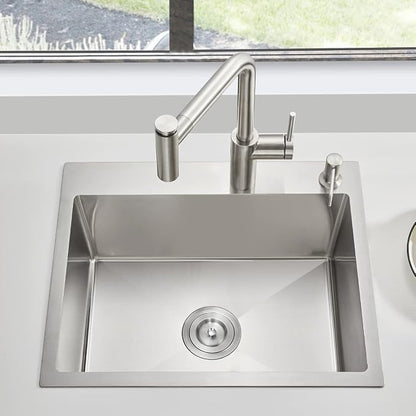 Brushed Topmount Kitchen Sink - 22”×18” Single Bowl Sink | 9 Inch Deep Handmade Bar Sink with Strainer, Stainless Steel 304, Center Drain, X-Groove Drainage, Sound-Dampening Pad