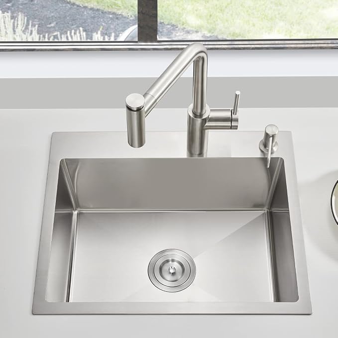 Brushed Topmount Kitchen Sink - 24”×18” Single Bowl Sink | 9 Inch Deep Handmade Bar Sink with Strainer, Stainless Steel 304, Center Drain, X-Groove Drainage, Sound-Dampening Pad