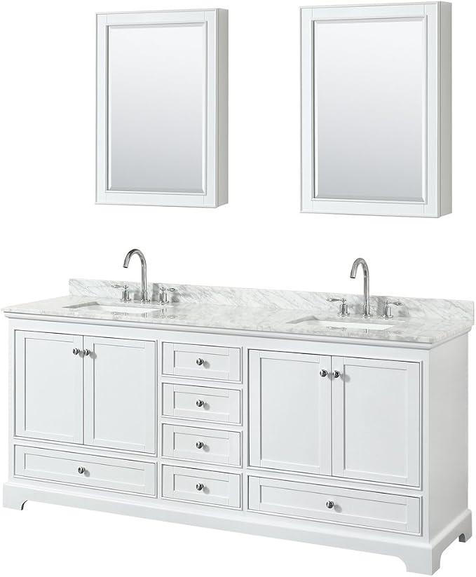 Wyndham Collection Deborah 80 inch Double Bathroom Vanity in White, White Carrara Marble Countertop, Undermount Square Sinks, and Medicine Cabinets