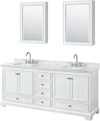 Wyndham Collection Deborah 80 inch Double Bathroom Vanity in White, White Carrara Marble Countertop, Undermount Square Sinks, and Medicine Cabinets