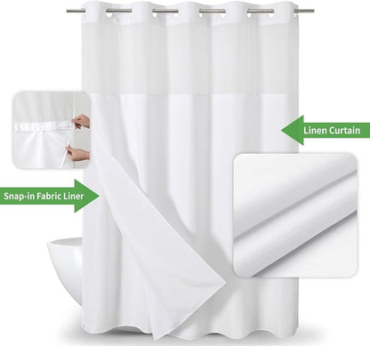 eachope No Hook Linen Texture Shower Curtain with Snap-in Liner,71x86 White | Extra Long,230GSM Thick Fabric,Hotel Luxury Decor,Mesh Top Window,Bottom Magnetic,Waterproof & Machine Washable,for Bathroom