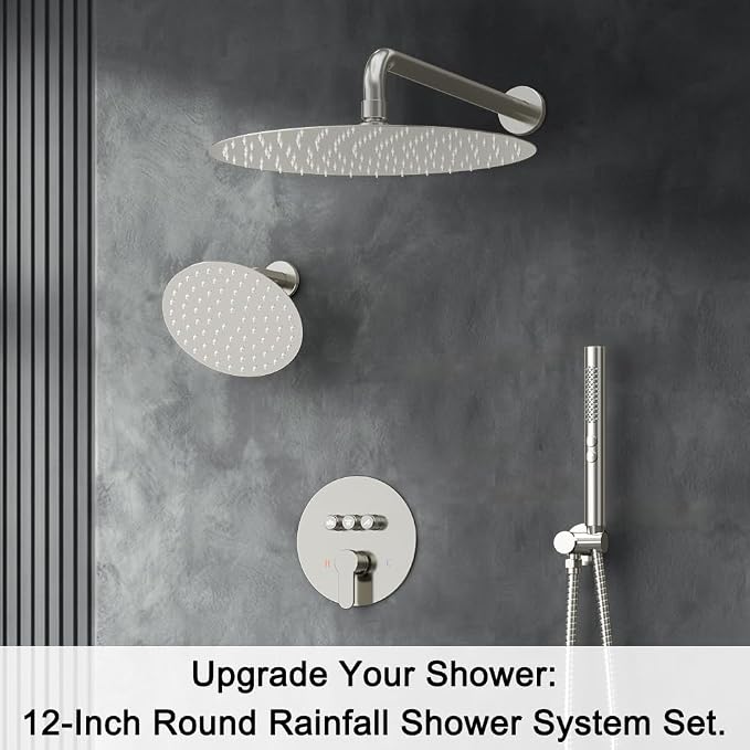 Shower Systems, Bostingner 12+6" Round Dual Rainfall Shower head with 2 in 1 Handheld Spray, Can Use All at Once, Wall Mount Push Button Shower Faucet Set with Valve and Trim Kit,Brushed Nickel
