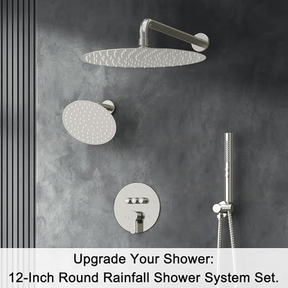 Shower Systems, Bostingner 12+6" Round Dual Rainfall Shower head with 2 in 1 Handheld Spray, Can Use All at Once, Wall Mount Push Button Shower Faucet Set with Valve and Trim Kit,Brushed Nickel