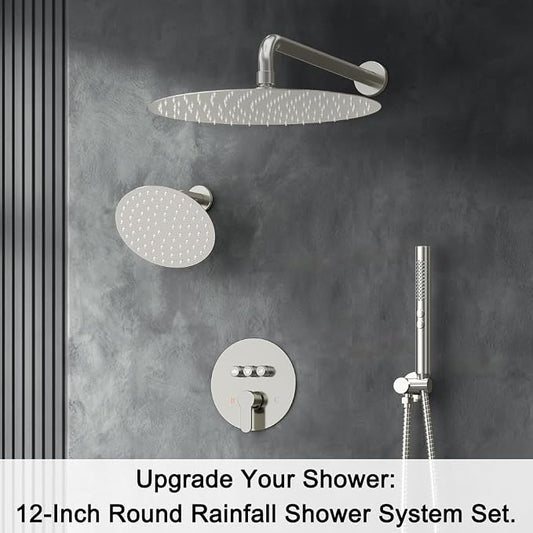 Shower Systems, Bostingner 12+6" Round Dual Rainfall Shower head with 2 in 1 Handheld Spray, Can Use All at Once, Wall Mount Push Button Shower Faucet Set with Valve and Trim Kit,Brushed Nickel