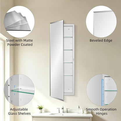 IDYLLOR Bathroom Medicine Cabinet with Beveled Edge Mirrored Door 12 x 36 inch, Recessed or Surface Mount, with Adjustable Glass Shelves