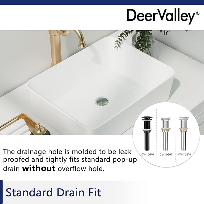 DeerValley Ally 19x15 Inch Rectangular Vessel Sink, White Ceramic Above Counter Bathroom Basin, DV-1V031
