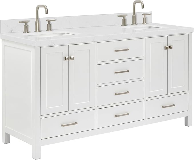 ARIEL Cambridge 66-inch Bathroom Vanity with Sink,Solid Wood, 1.5-inch Carrara White Quartz Countertop, Double Rectangular Porcelain Sink, 4 Soft Closing Doors, 6 Dovetail Drawers, White