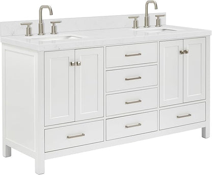 ARIEL Cambridge 66-inch Bathroom Vanity with Sink,Solid Wood, 1.5-inch Carrara White Quartz Countertop, Double Rectangular Porcelain Sink, 4 Soft Closing Doors, 6 Dovetail Drawers, White