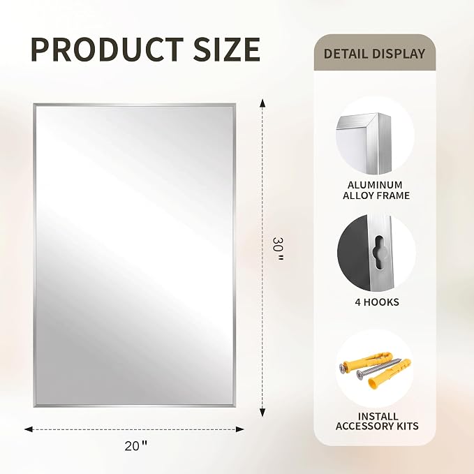 FICTOR Bathroom Vanity Mirror for Over Sink, 20" x 30", Silver | Anti-Rust Frame, Shatterproof Tempered Glass, Vertical/Horizontal Wall Mounted Mirror for Bedroom, Entryway, Living Room