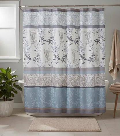 Serafina Home Hotel Quality Fabric Bathroom Shower Curtain: Farmhouse Floral Bordered Damask - Light Blue, Beige, and Grey (72 x 70 inches)
