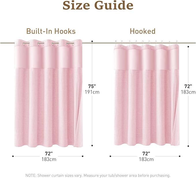 Pink Ringless Linen Textured Shower Curtain with Snap in Liner, 72x75 | 3 in 1 Hotel Shower Curtain Set, Removable Liner, Waterproof & Washable, Mesh Top Window, Durable Fabric, Easy to Install