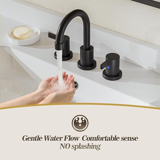 Phiestina 8 Inch 3-Hole Matte Black Widespread Bathroom Sink Faucet with Valve and Metal Pop-Up Drain Assembly, 2-Handle Low-Arch Bathroom Faucets Three Hole, WF15-1-MB
