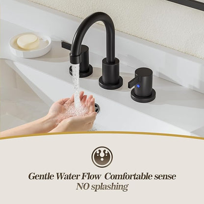 Phiestina 8 Inch 3-Hole Matte Black Widespread Bathroom Sink Faucet with Valve and Metal Pop-Up Drain Assembly, 2-Handle Low-Arch Bathroom Faucets Three Hole, WF15-1-MB