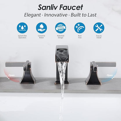 Oil Rubbed Bronze Bathroom Faucet, Sanliv 3-Piece Widespread Bathroom Faucets for 3-Hole Sinks 4-8 Inch, Bronze Waterfall Vanity Faucet with Pop-Up Drain (ORB)