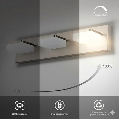 Brushed Nickel Vanity Lights for Bathroom - 3 Light Vanity Light Fixture - Dimmable LED Wall Sconces - Daylight 5500K - Elegant Bath Light Fixtures for Over Mirror