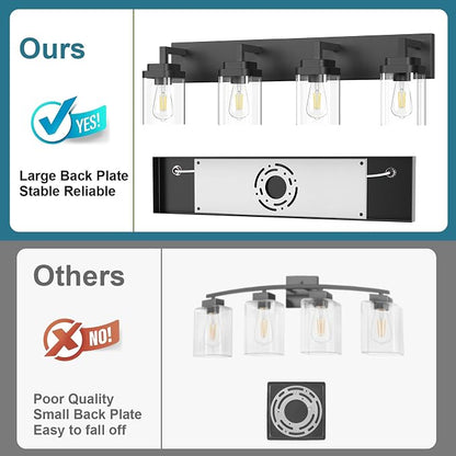 Matte Black Bathroom Light Fixtures, Modern Vanity Lights with Clear Glass Lamp Shade, Bathroom Lighting Fixtures Over Mirror, Restroom Vanity Lighting Fixture, 4-Light 30 Inch