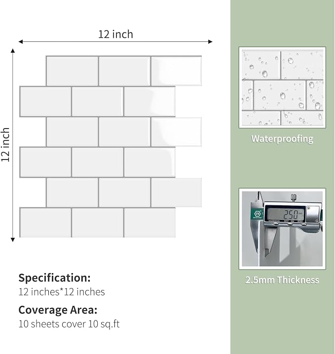 10-Sheet Thick Peel and Stick Kitchen Backsplash Tiles | 3D Subway Waterproof Self-Adhesive Wall Tile Stick on Backsplash for Kitchen and Bathroom(White Gray Grout,12"×12")
