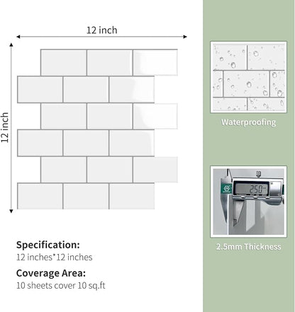 10-Sheet Thick Peel and Stick Kitchen Backsplash Tiles | 3D Subway Waterproof Self-Adhesive Wall Tile Stick on Backsplash for Kitchen and Bathroom(White Gray Grout,12"×12")