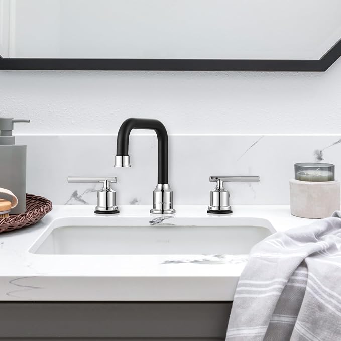 WOWOW Black Chrome Bathroom Faucet 3 Hole, Widespread Vanity Sink Faucets | Copper Inlet Faucet for Bathroom Sink with Swivel Spout, 2 Handles Lavatory Tap with Drain and cUPC Supply Line