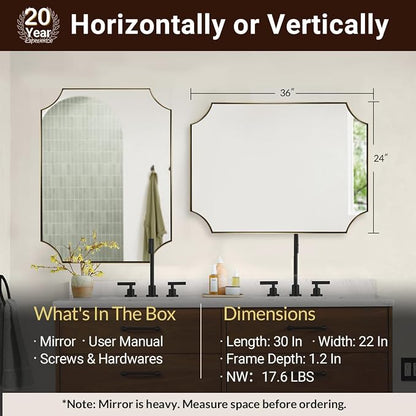 Bronze Mirror 22"x30", Brushed Bronze Scalloped Bathroom Mirror, Rectangle Wall Mirror in Premium Stainless Steel Metal Thin Frame, Hangs Vertically or Horizontally