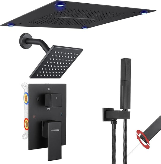 VANFOXLE Shower Faucet Set Matte Black Four Modes Shower System,Shower Faucet with 2 in 1 Handheld,Ceiling Mount 16 Inch LED Shower Head(Rain and Waterfall)+6 Inch Shower Head
