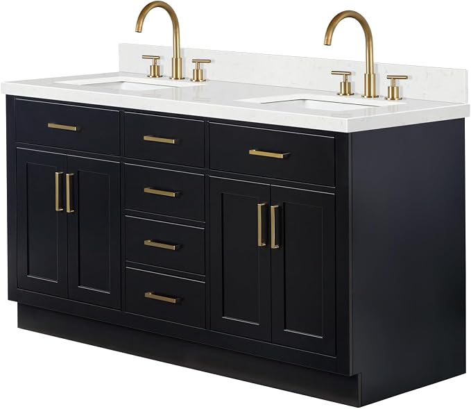 ARIEL Hepburn 60-inch Bathroom Vanity with Sink,Solid Wood, 1.5-inch Carrara White Quartz Countertop & Backsplash, Double Rectangular Porcelain Sink, 4 Soft Closing Doors, 6 Dovetail Drawers, Black