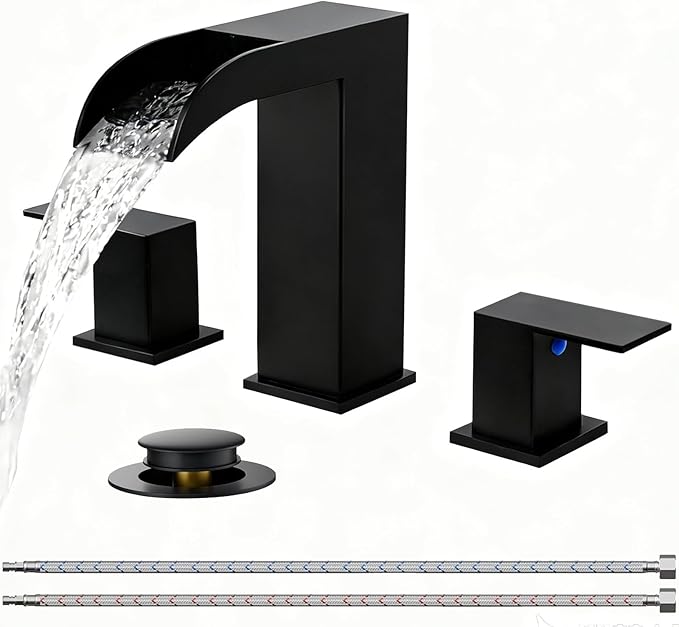 VCCUCINE Black Bathroom Faucet 3 Hole, 8 Inch Widespread Square Waterfall Bathroom Sink Faucet,Matte Black Vanity Bathroom Faucets for Vanity, Restroom, Commercial with Pop Up Drain and Supply Lines