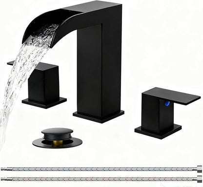 VCCUCINE Black Bathroom Faucet 3 Hole, 8 Inch Widespread Square Waterfall Bathroom Sink Faucet,Matte Black Vanity Bathroom Faucets for Vanity, Restroom, Commercial with Pop Up Drain and Supply Lines