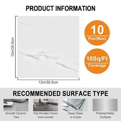 White Marble Peel and Stick Floor Tile 10-Pack 12 x 12 inch,Self-Adhesive Waterproof Vinyl Flooring Plank for Bathroom,Kitchen, Dining Room, Bedrooms, Cover 10 Sq. Ft