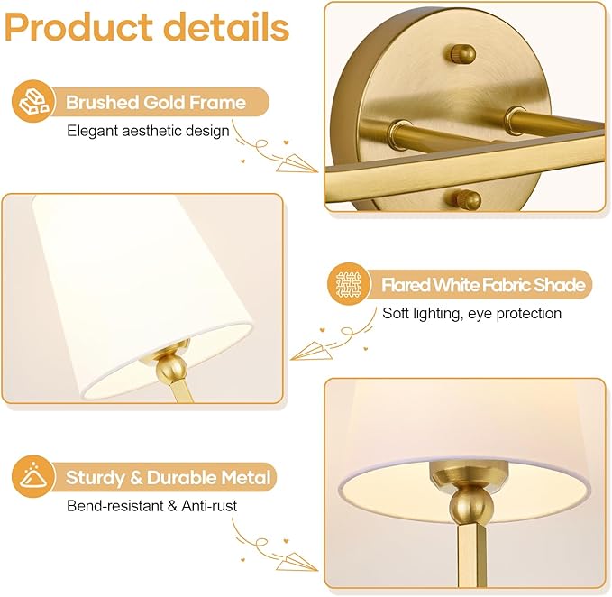 Bathroom Light Fixtures, 2-Light Brushed Gold Vanity Lights, Bathroom Lighting Fixtures Over Mirror with Flared White Fabric Shade, Modern Wall Sconces for Living Room Hallway